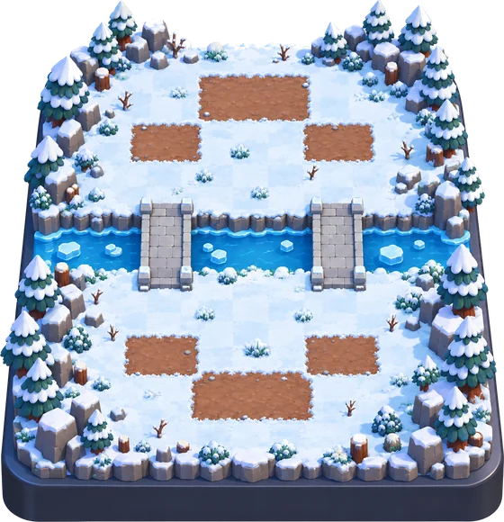 The Highlands arena: a snowfield split by a frozen river, two stone bridges, and six tower pads ringed with pines.