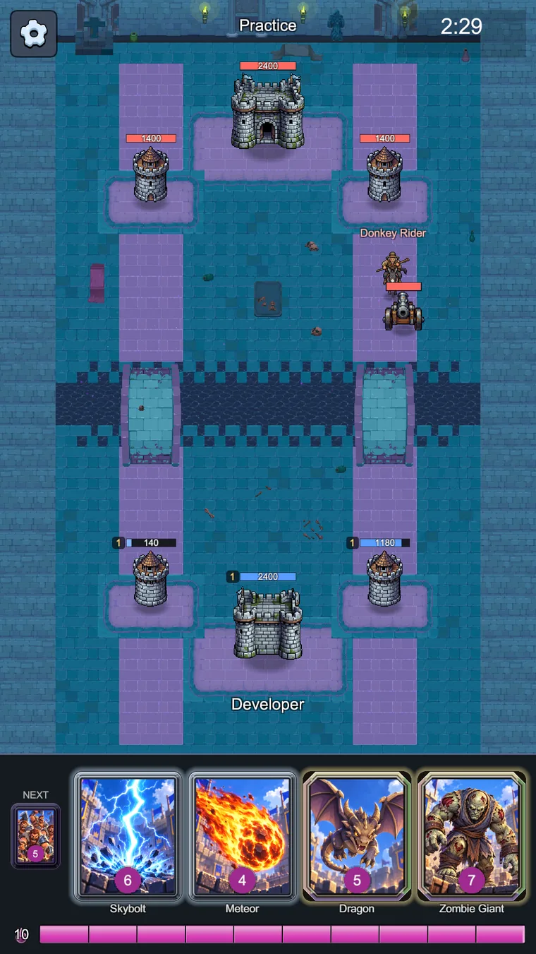 A match on The Crypt: teal flagstone either side of a dark channel, two bridges, six towers with health bars, and a hand of four cards under a full elixir bar.